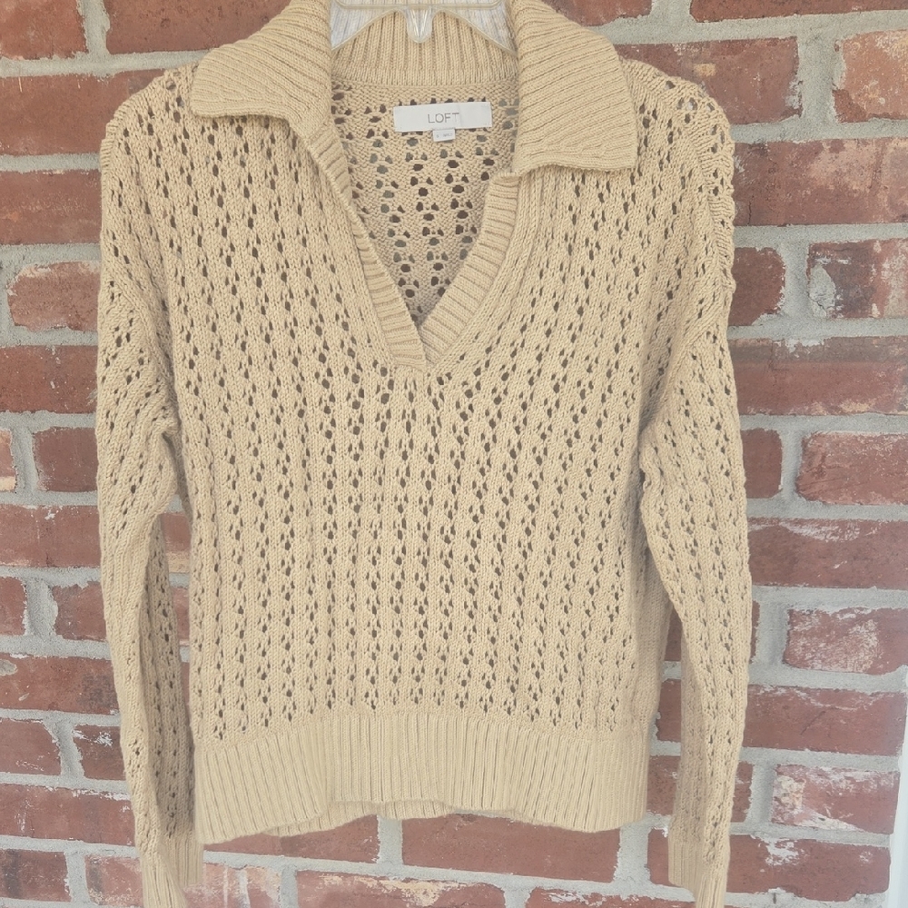 LOFT Women's Tan Knit V-Neck  Sweater